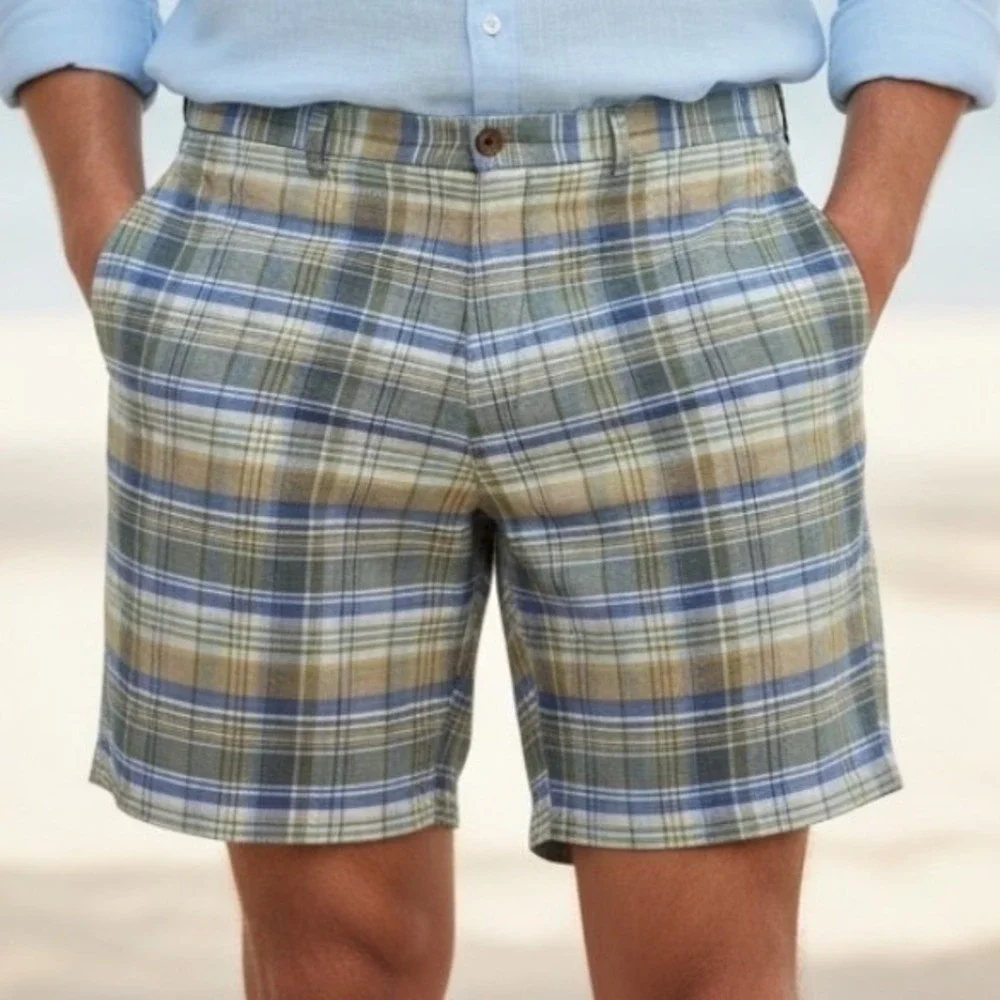 Tommy Bahama Men Blue Brown Plaid Linen Blend Casual Golf Summer Beach‎ Sz 42